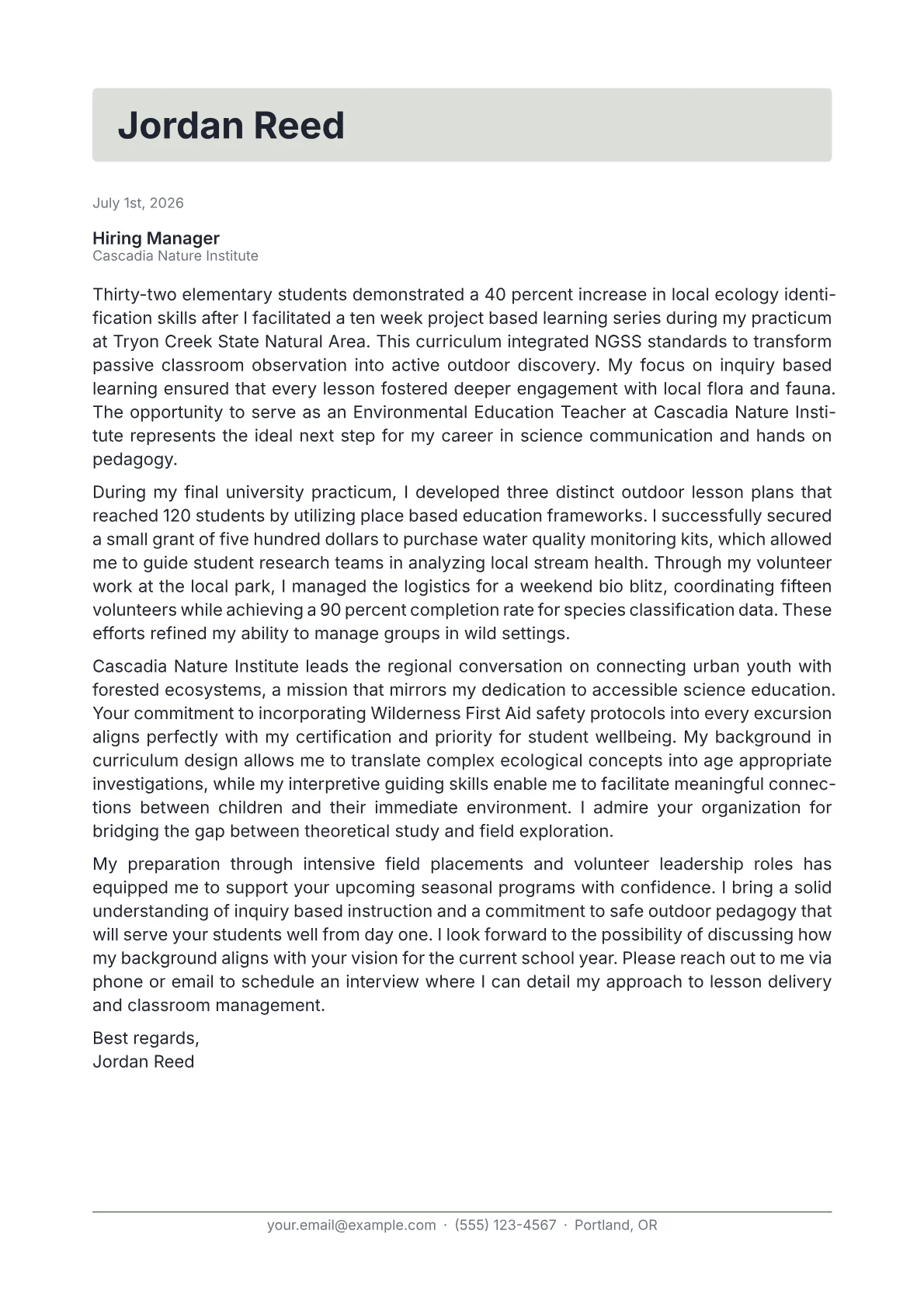 Environmental Education Teacher cover letter in the Letterhead design