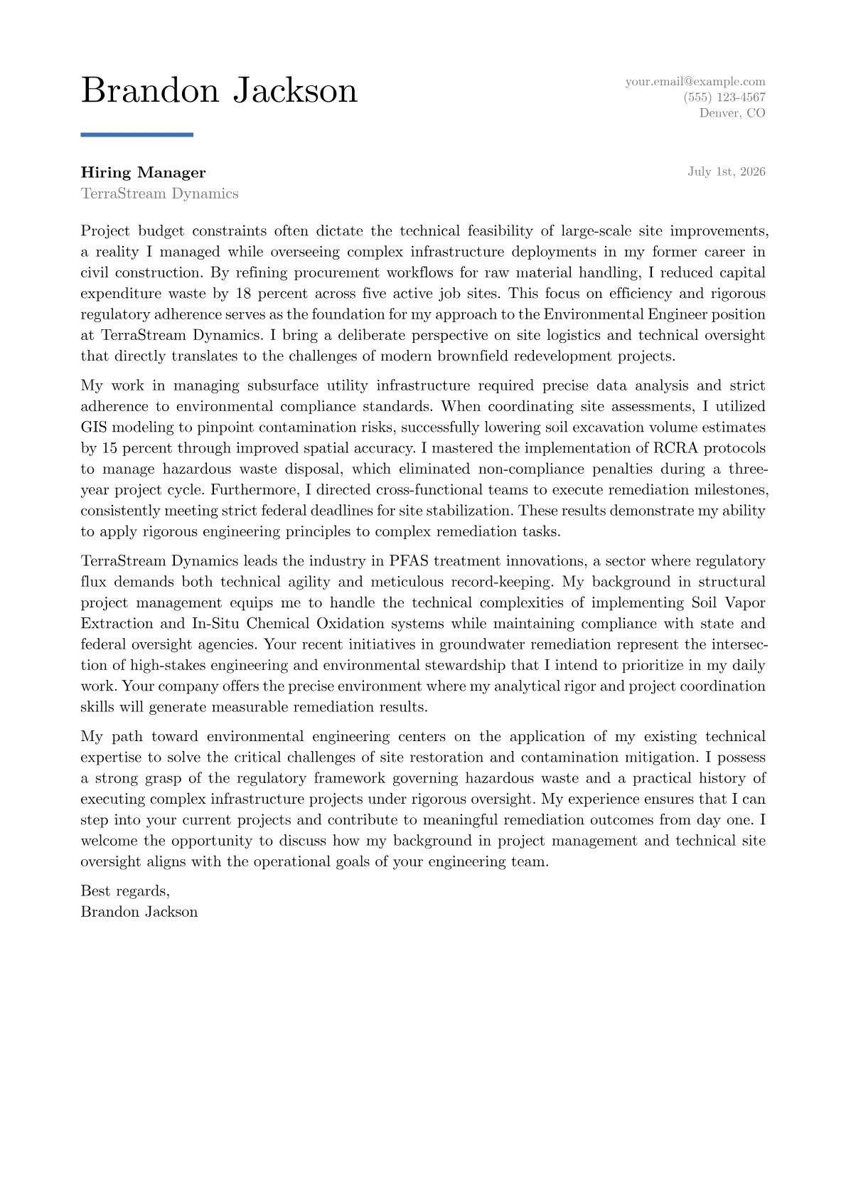 Environmental Engineer cover letter in the Executive design