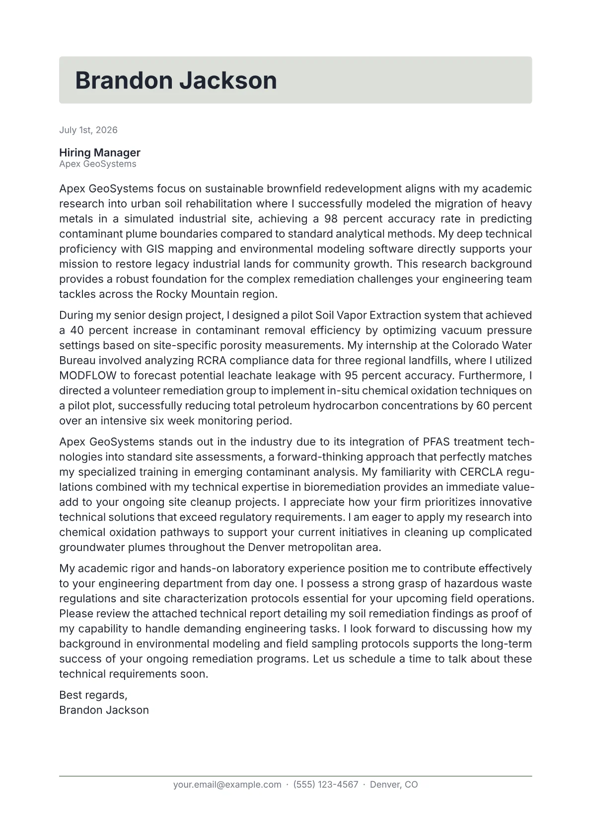 Environmental Engineer cover letter in the Letterhead design