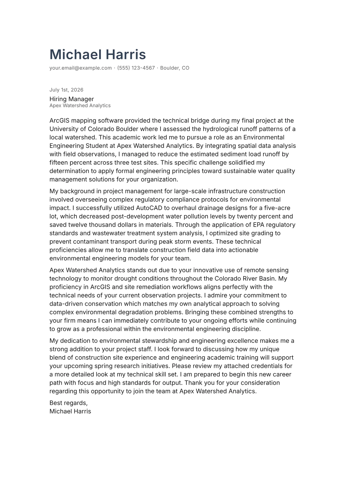 Environmental Engineering Student cover letter in the Minimal design