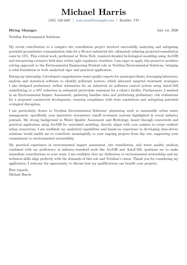 Environmental Engineering Student cover letter example