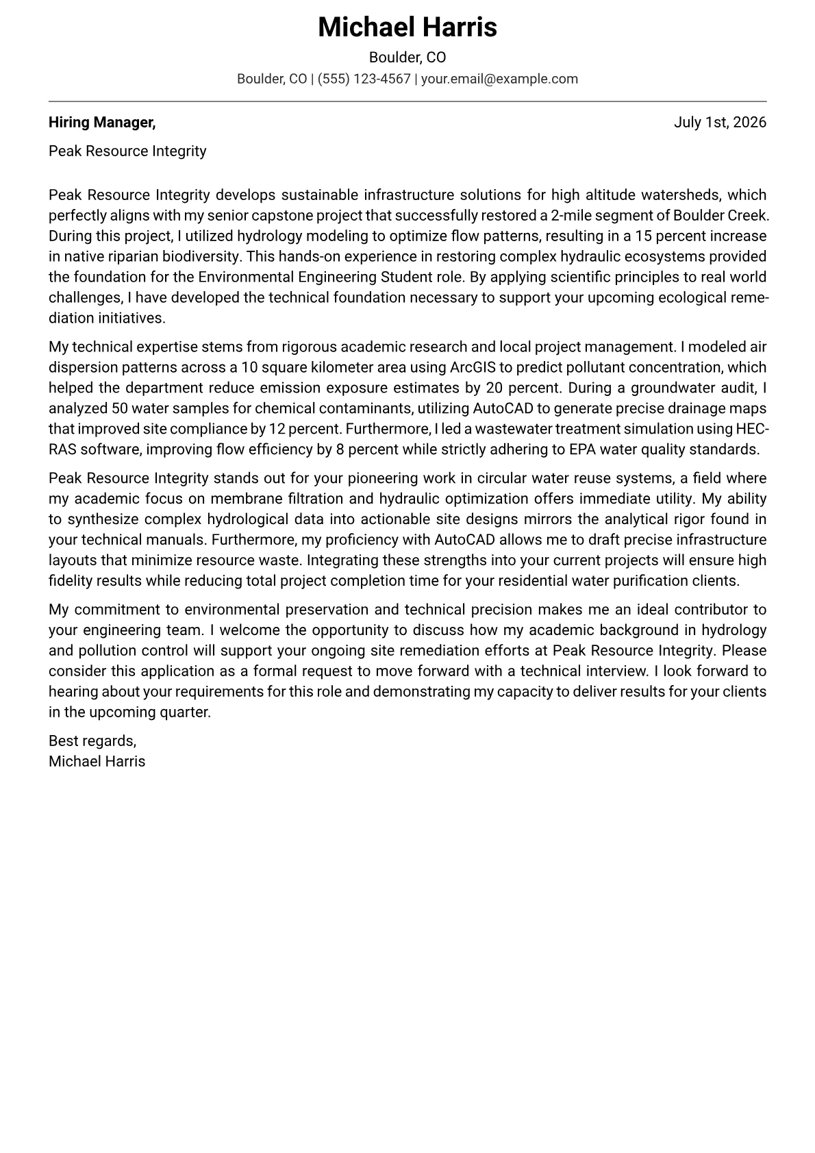 Environmental Engineering Student cover letter in the Modern design