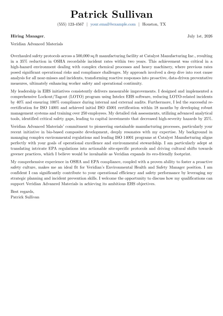 Environmental Health and Safety Manager cover letter example preview