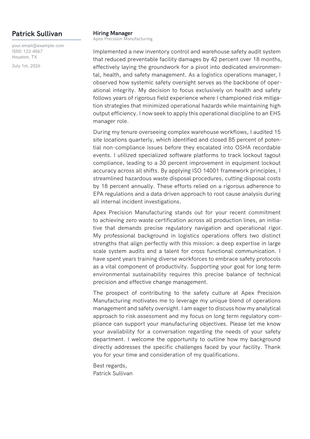 Environmental Health and Safety Manager cover letter in the Margin design