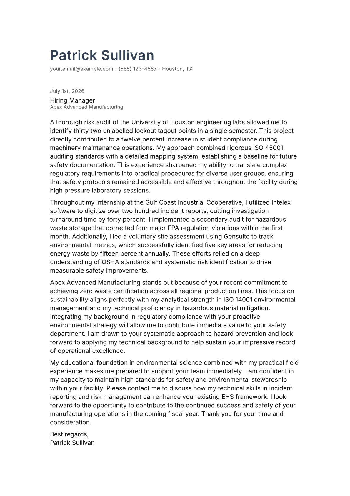 Environmental Health and Safety Manager cover letter in the Minimal design