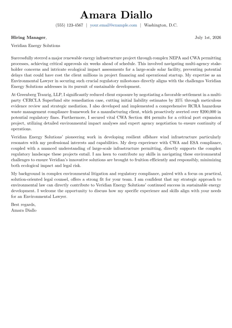 Environmental Lawyer cover letter example
