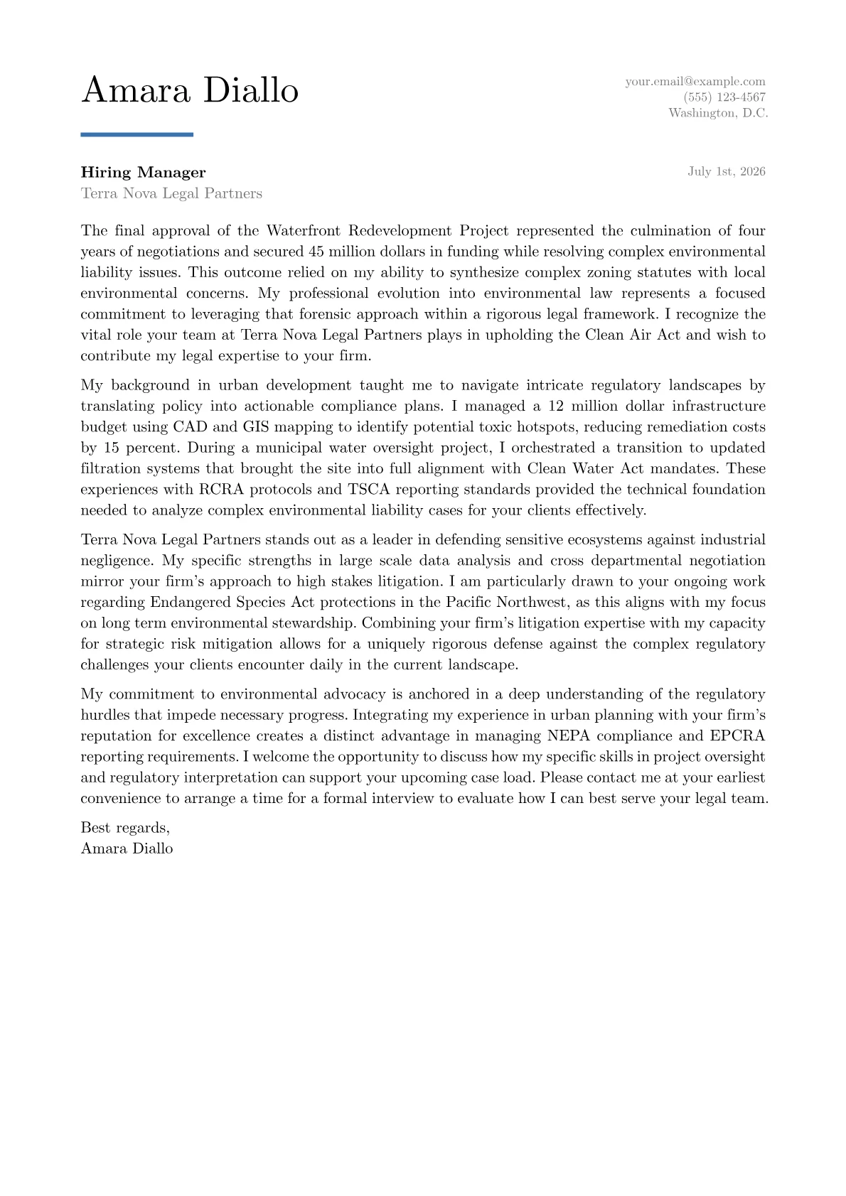 Environmental Lawyer cover letter in the Executive design