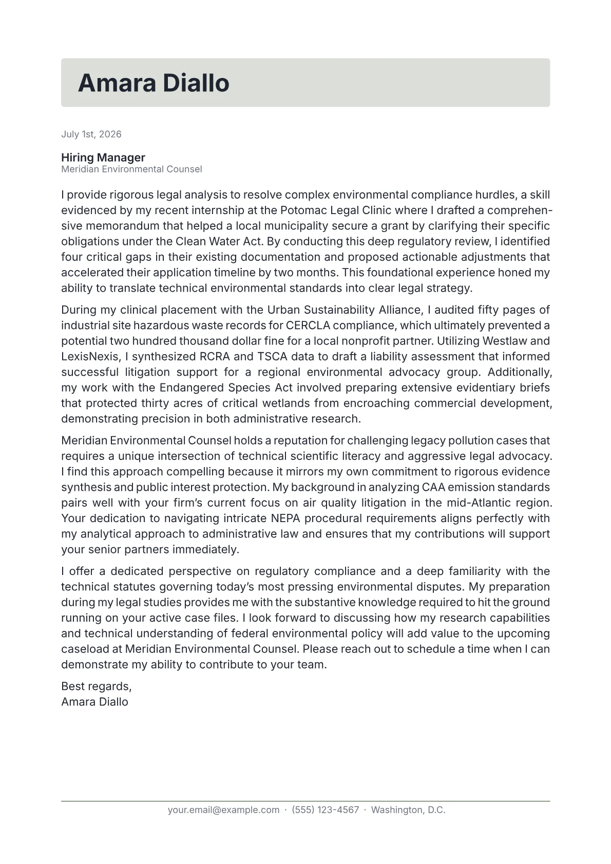 Environmental Lawyer cover letter in the Letterhead design
