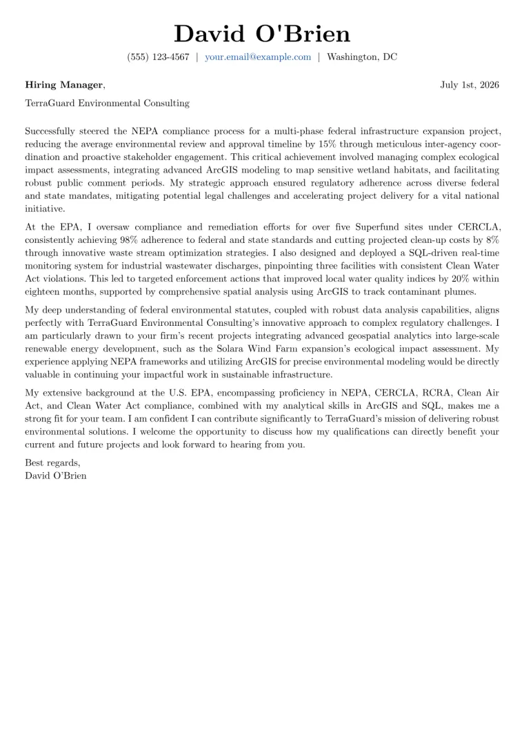 Environmental Protection Specialist cover letter example preview