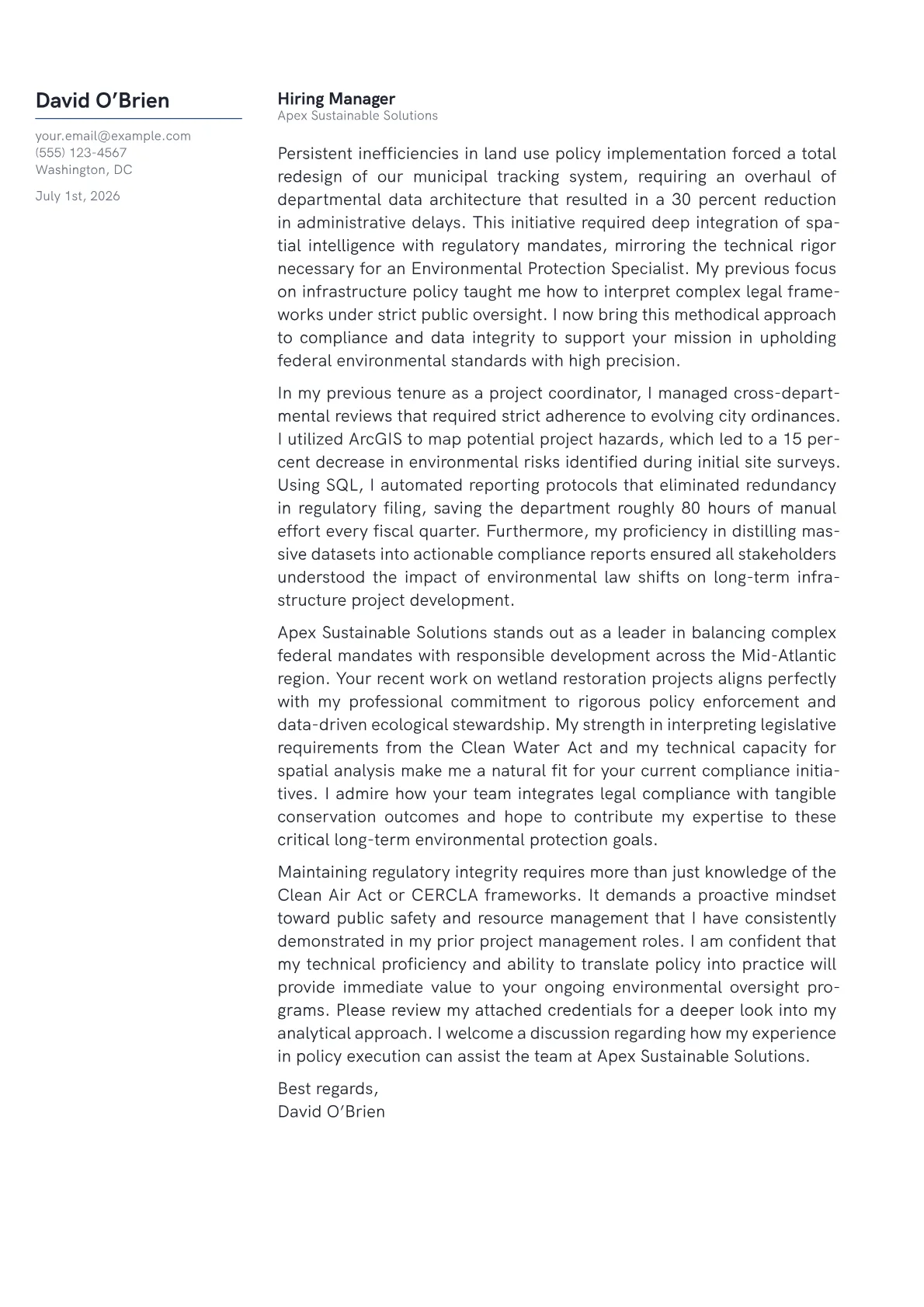 Environmental Protection Specialist cover letter in the Margin design