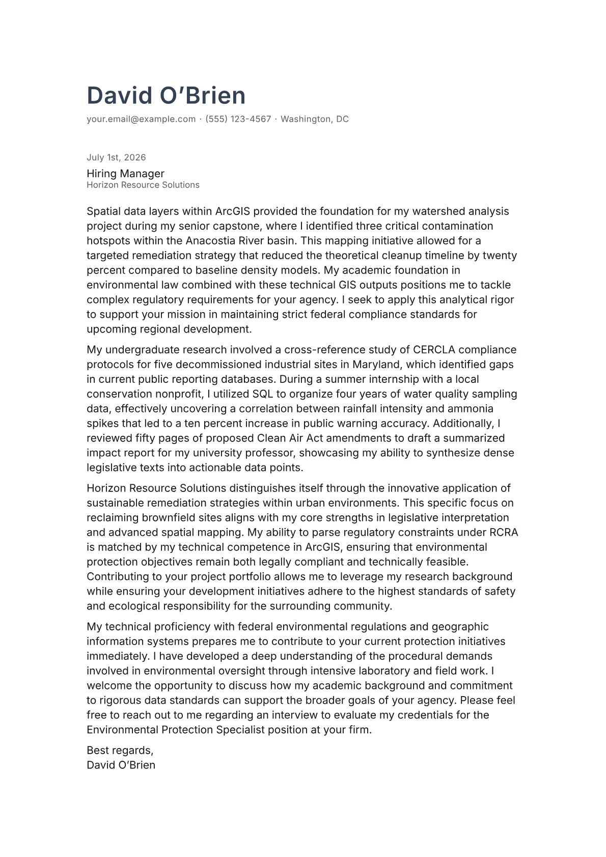 Environmental Protection Specialist cover letter in the Minimal design