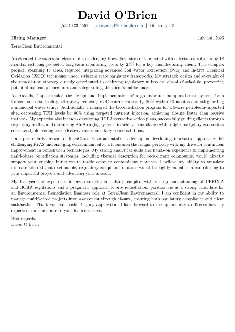 Environmental Remediation Engineer cover letter example preview