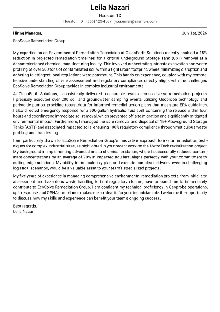 Environmental Remediation Technician cover letter example preview