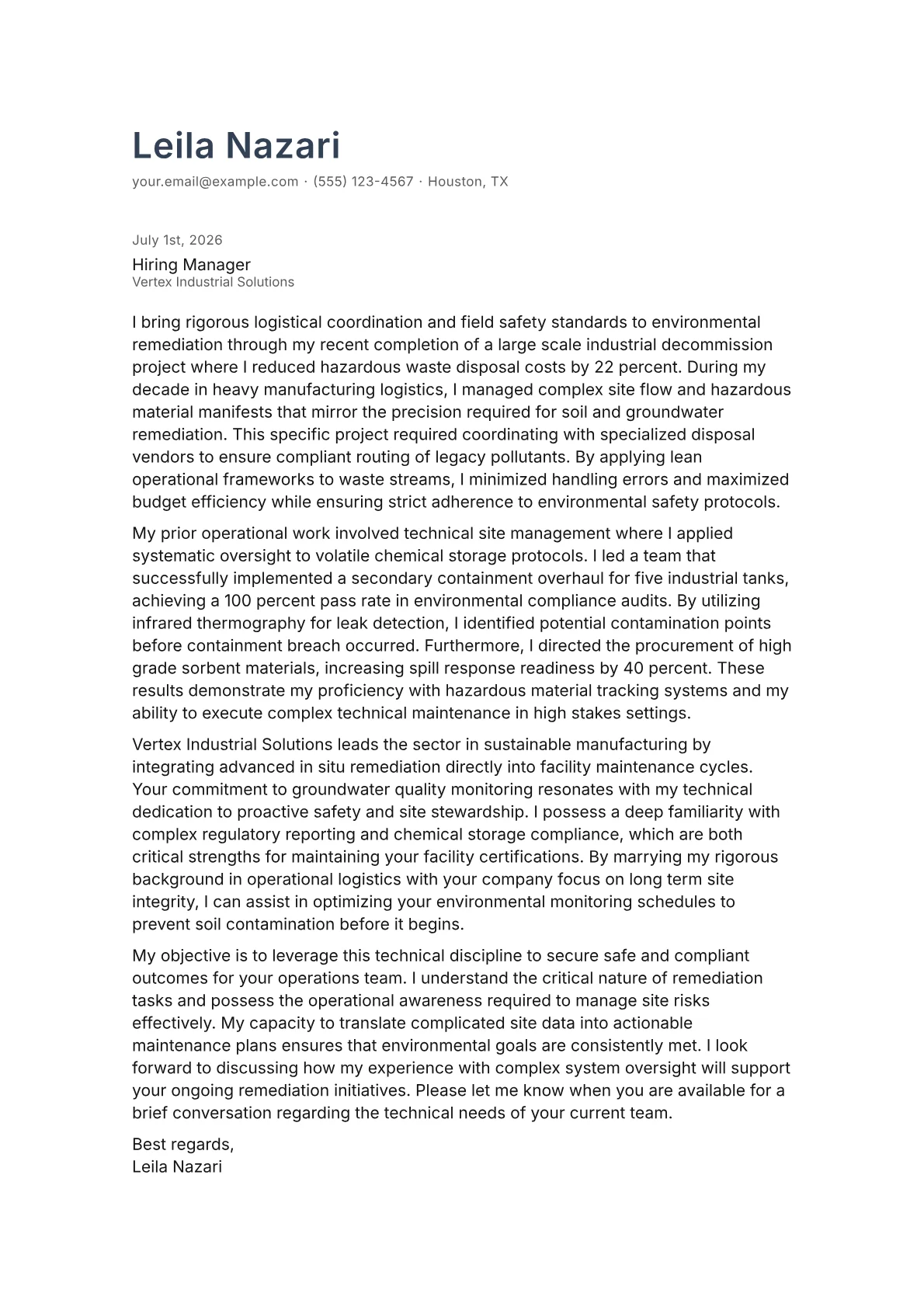 Environmental Remediation Technician cover letter in the Minimal design