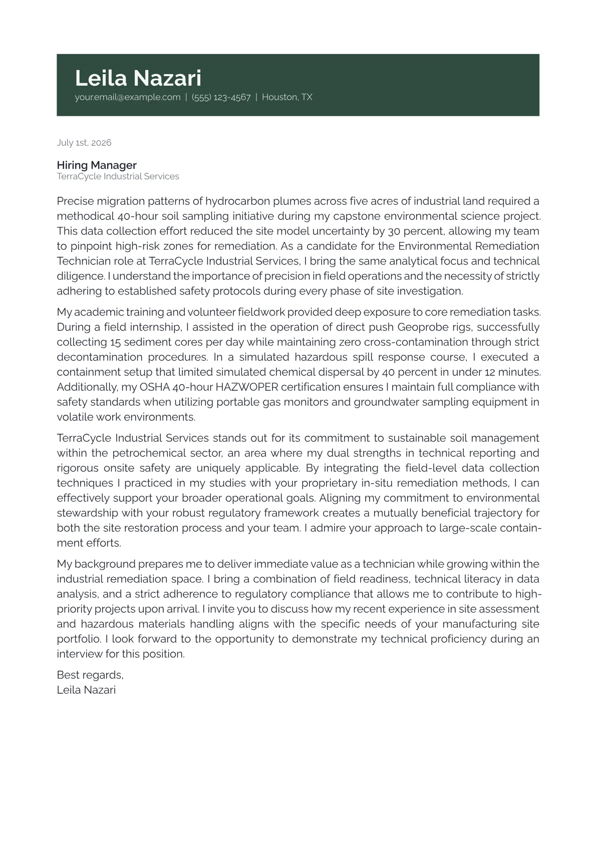Environmental Remediation Technician cover letter in the Banner design