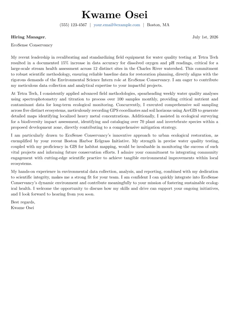 Environmental Science Intern cover letter example