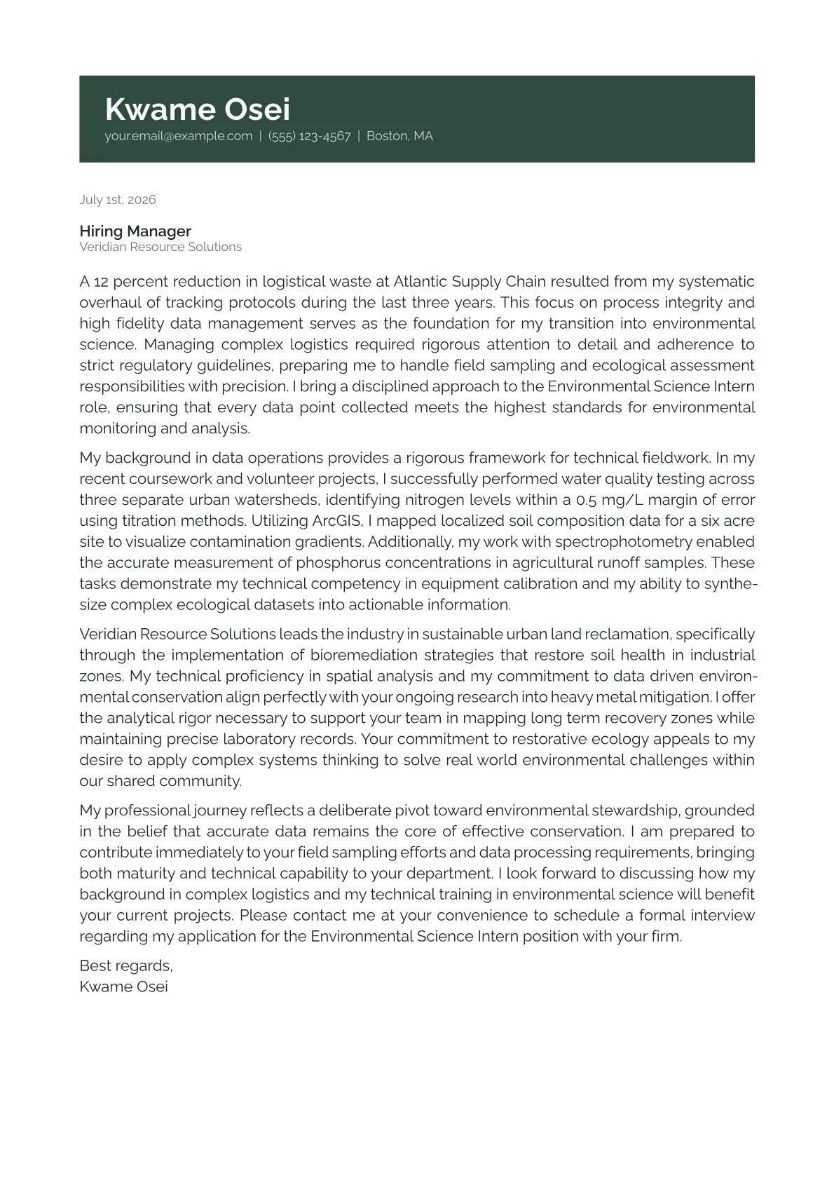 Environmental Science Intern cover letter in the Banner design