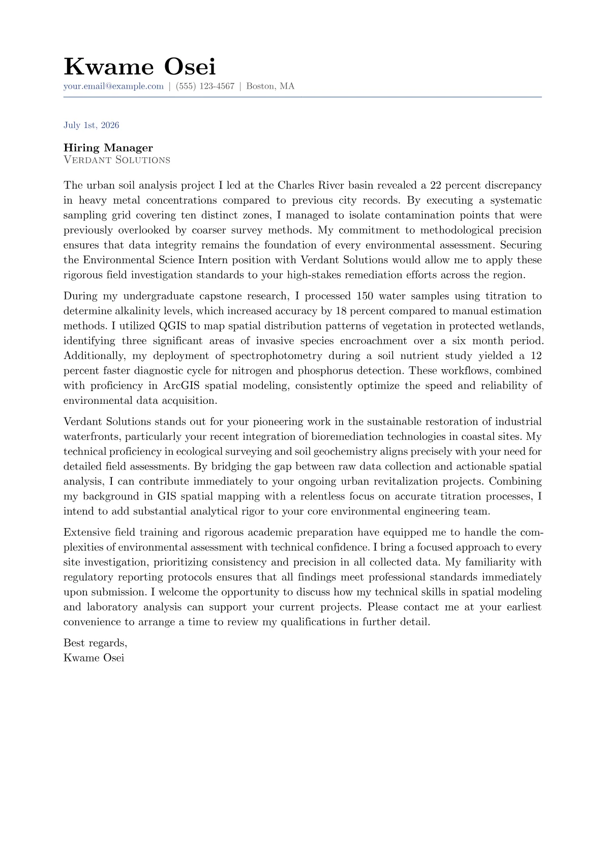 Environmental Science Intern cover letter in the Classic design