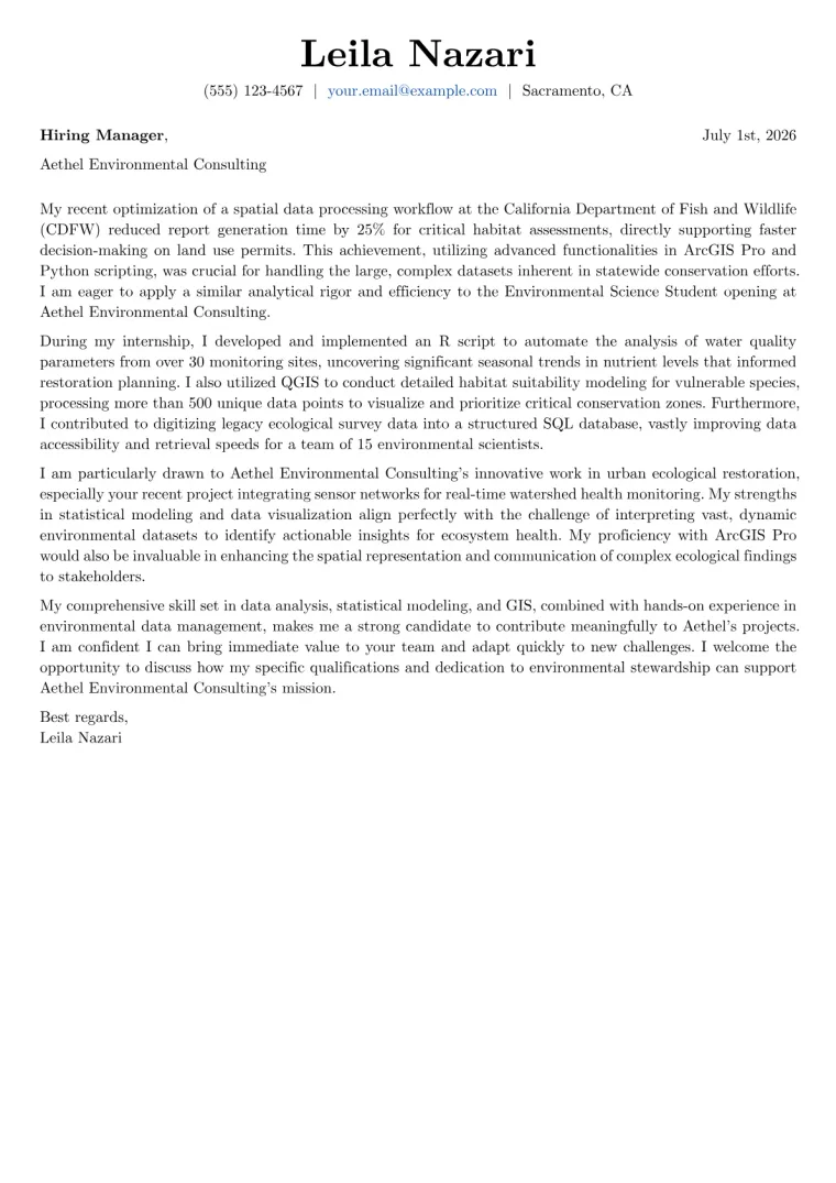 Environmental Science Student cover letter example preview