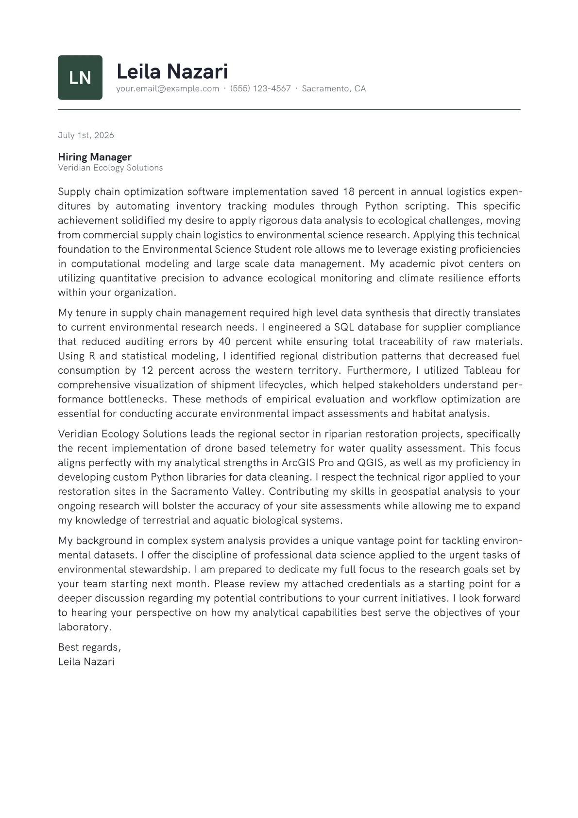 Environmental Science Student cover letter in the Emblem design