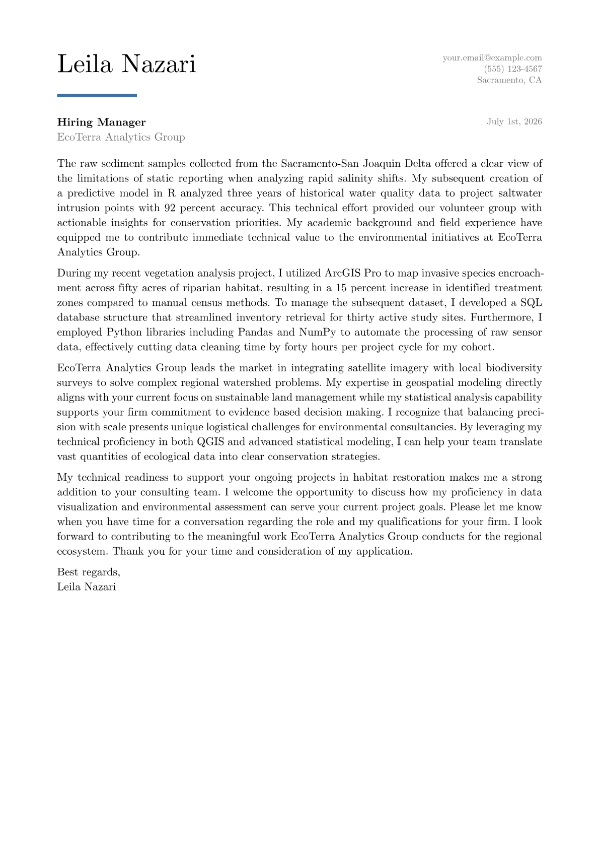 Environmental Science Student cover letter in the Executive design