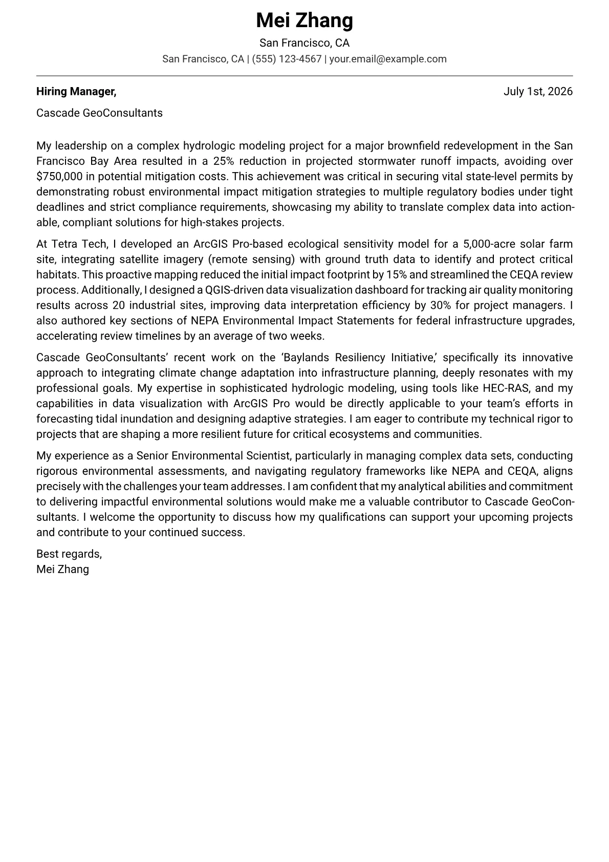 Environmental Scientist cover letter formatted with a JobSprout template