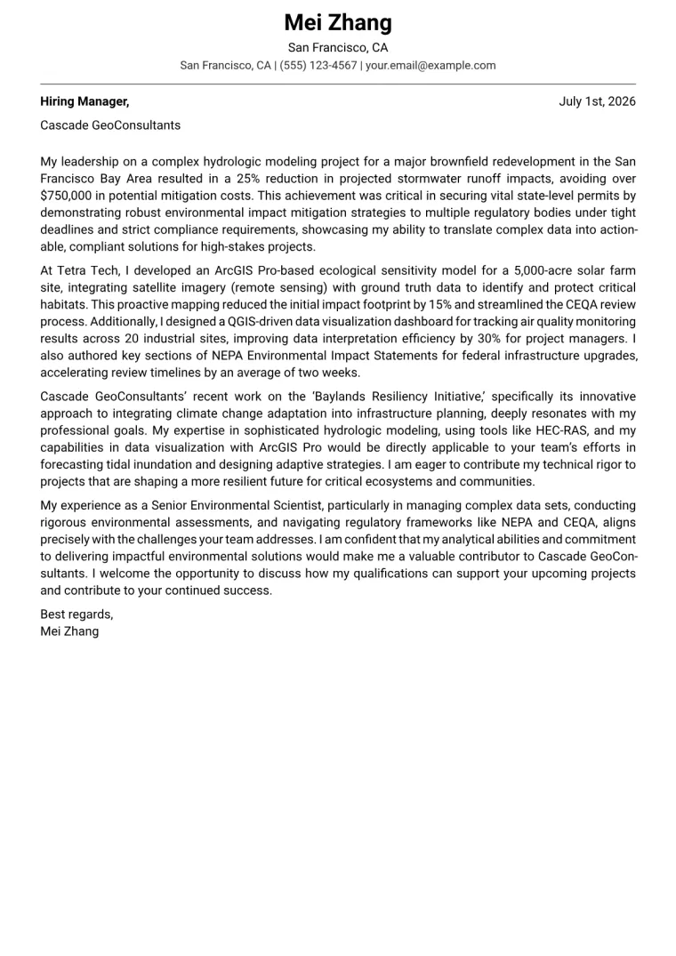 Environmental Scientist Cover Letter Example