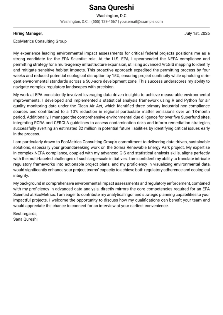 EPA Scientist cover letter example preview