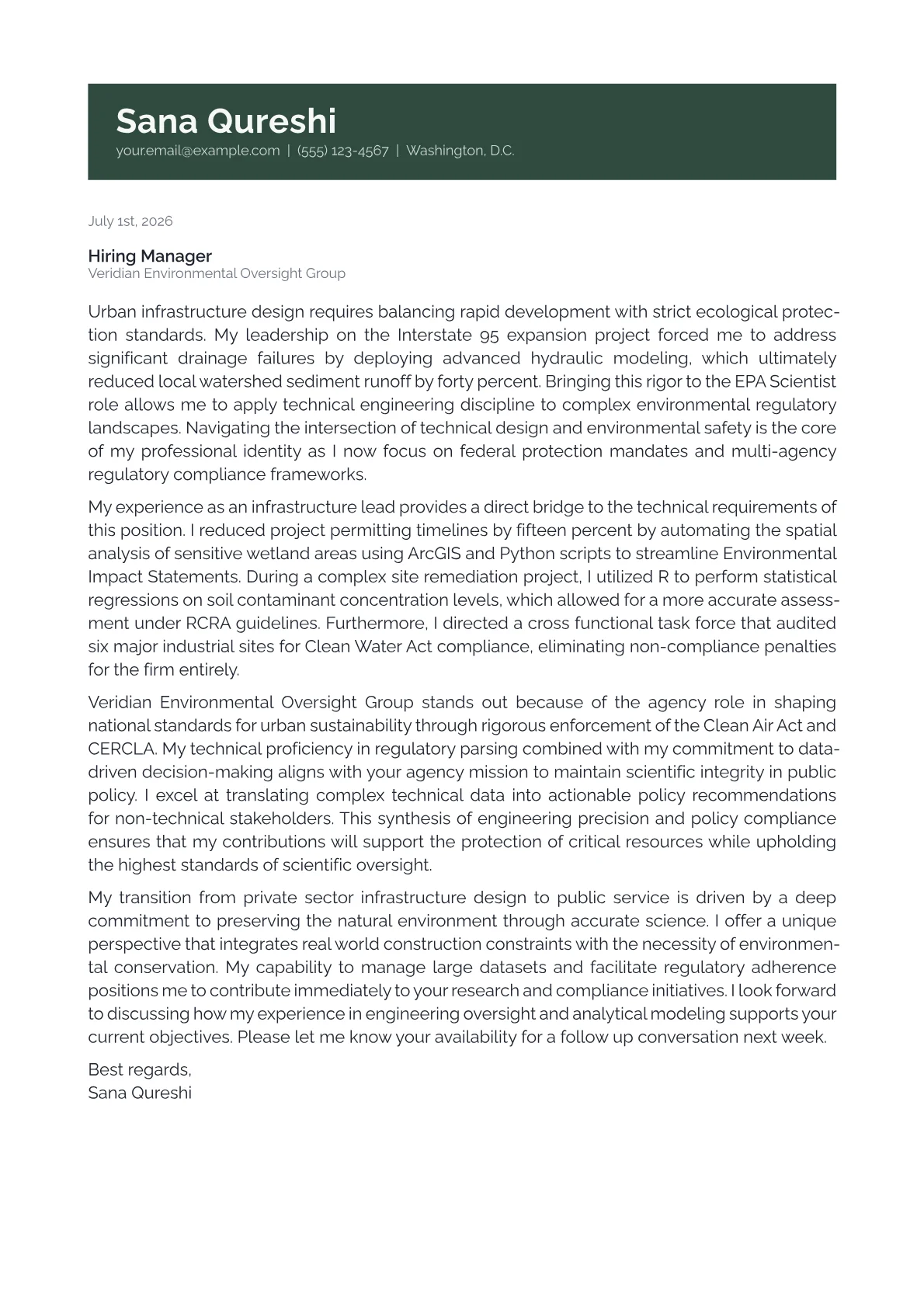 EPA Scientist cover letter in the Banner design