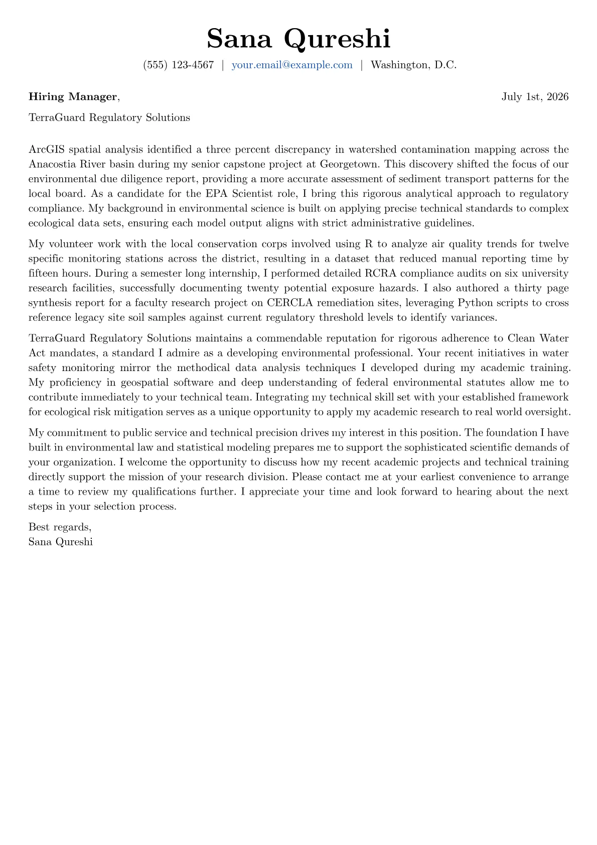 EPA Scientist cover letter in the Basic design