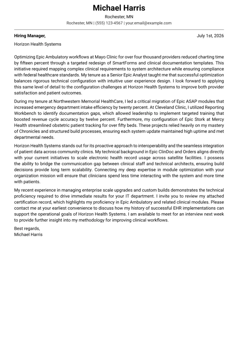 Epic Analyst cover letter example