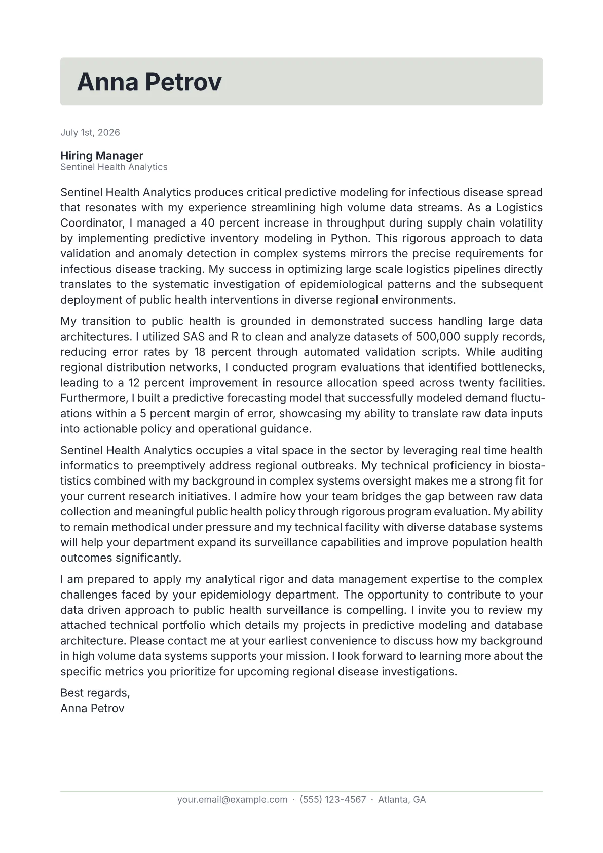 Epidemiologist cover letter in the Letterhead design