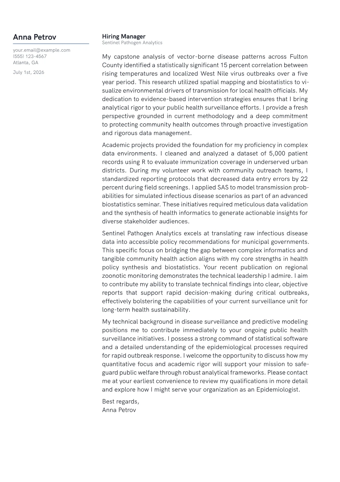 Epidemiologist cover letter in the Margin design