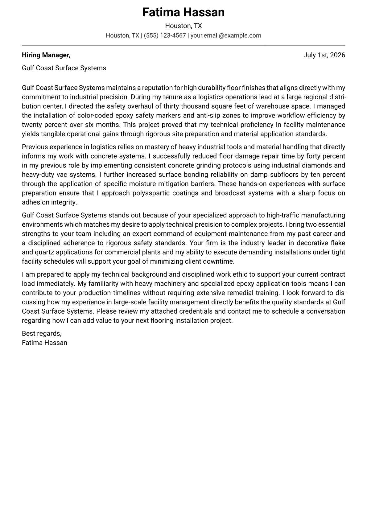 Epoxy Floor Installer cover letter in the Modern design