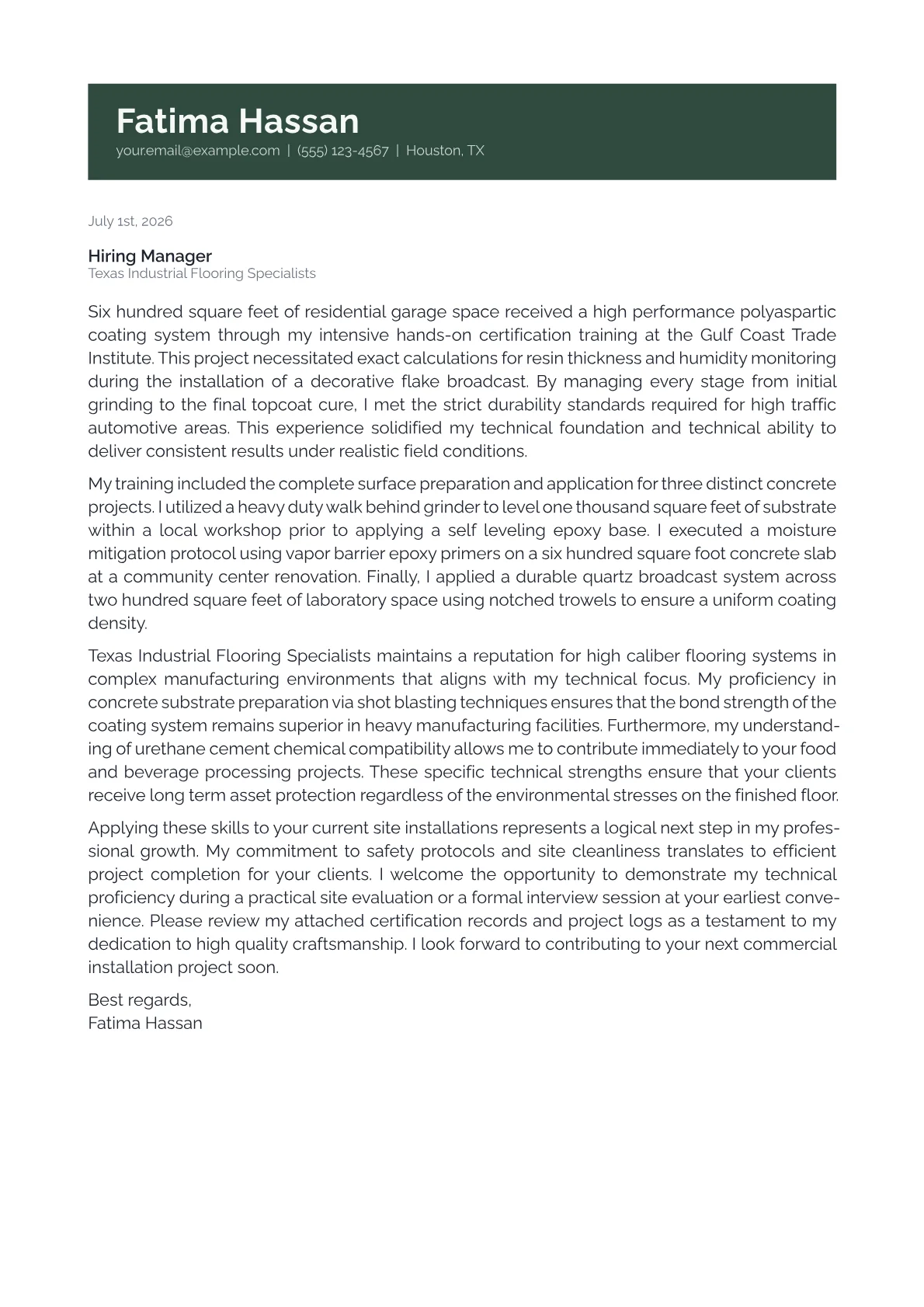 Epoxy Floor Installer cover letter in the Banner design