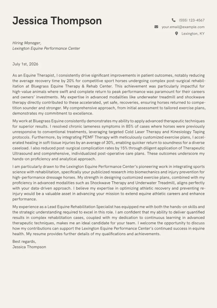 Equine Therapist cover letter example