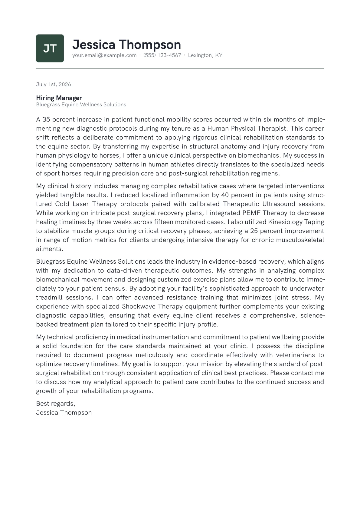 Equine Therapist cover letter in the Emblem design