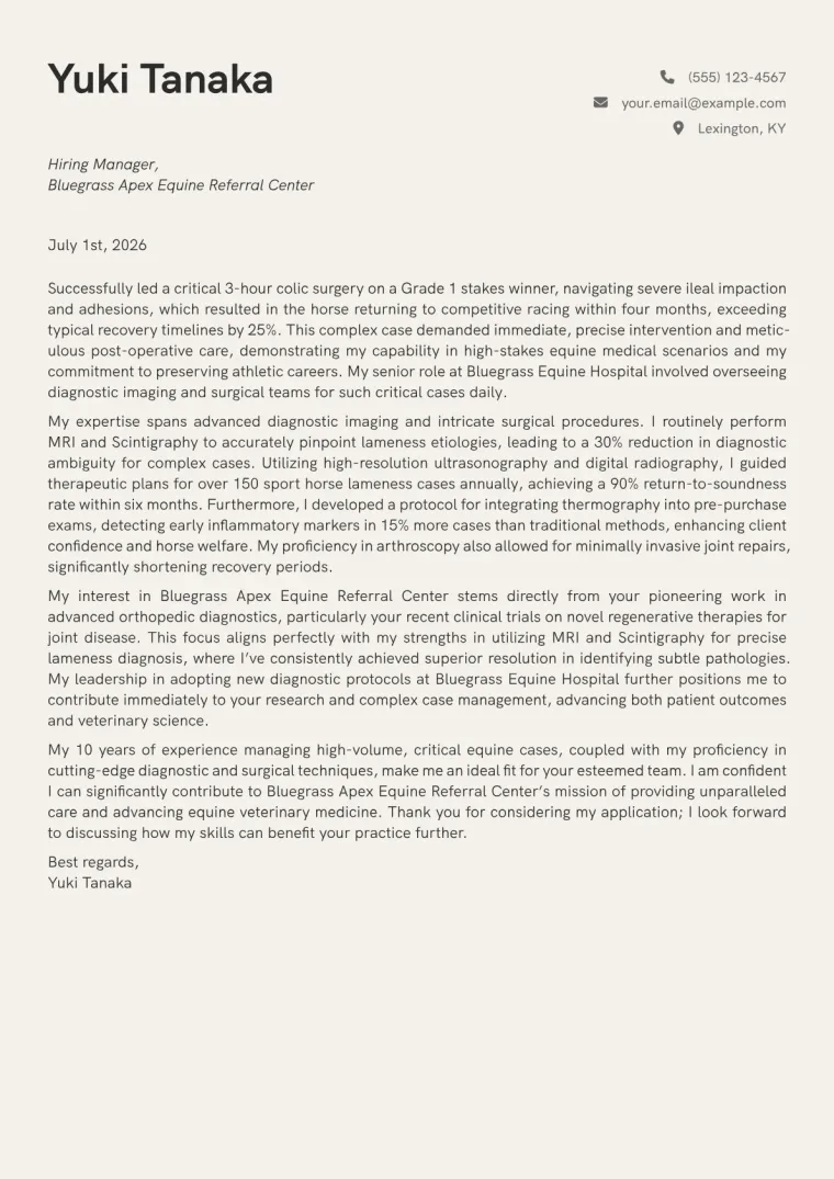 Equine Veterinarian cover letter example preview