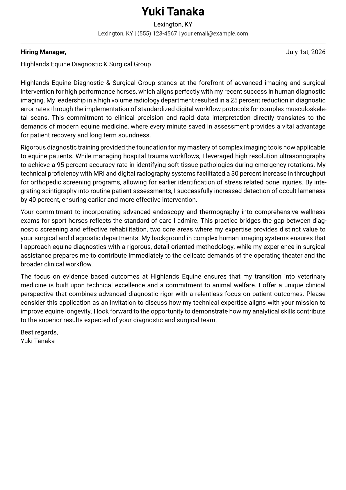 Equine Veterinarian cover letter in the Modern design