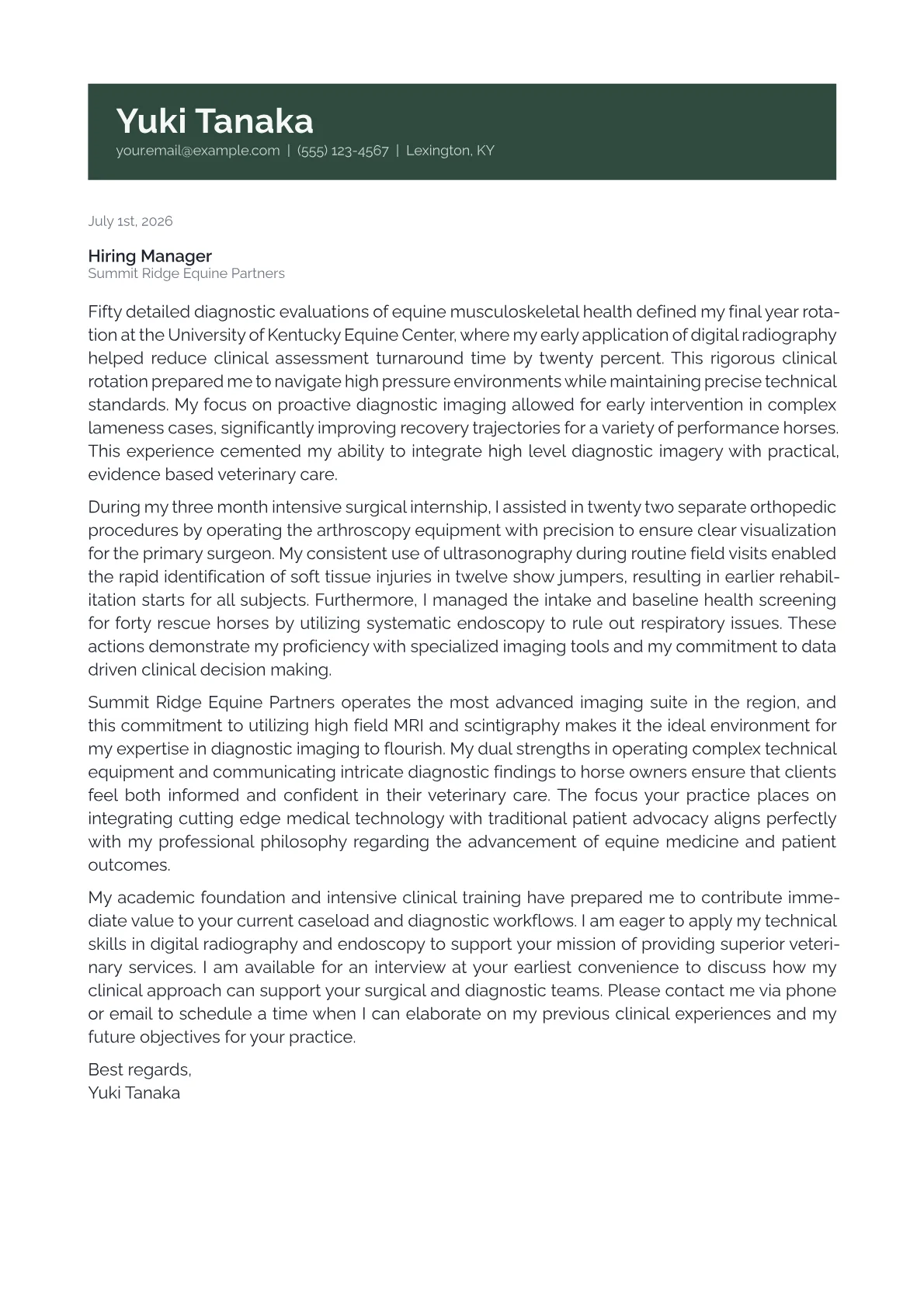 Equine Veterinarian cover letter in the Banner design