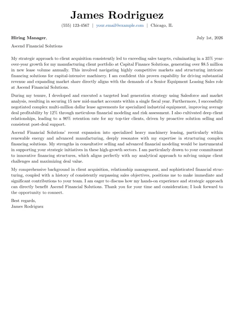 Equipment Leasing Sales cover letter example preview