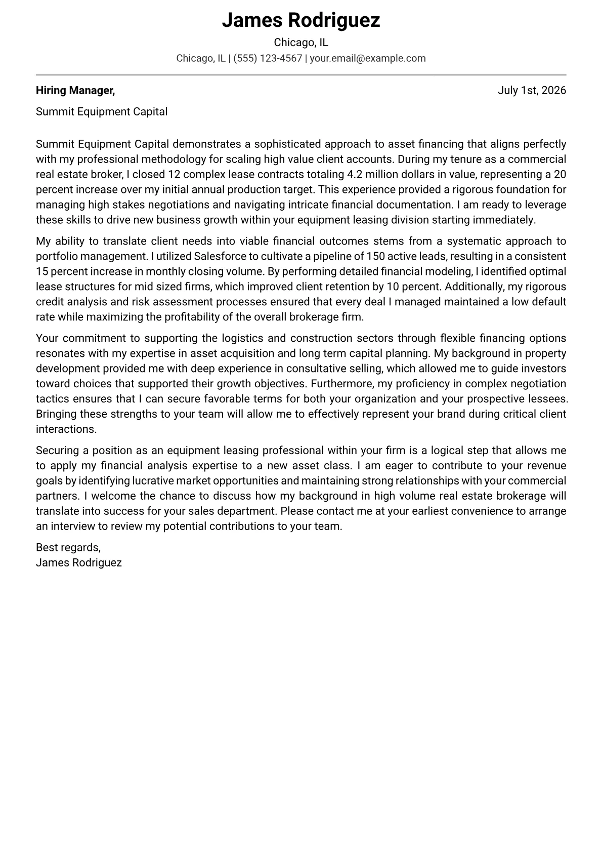 Equipment Leasing Sales cover letter in the Modern design