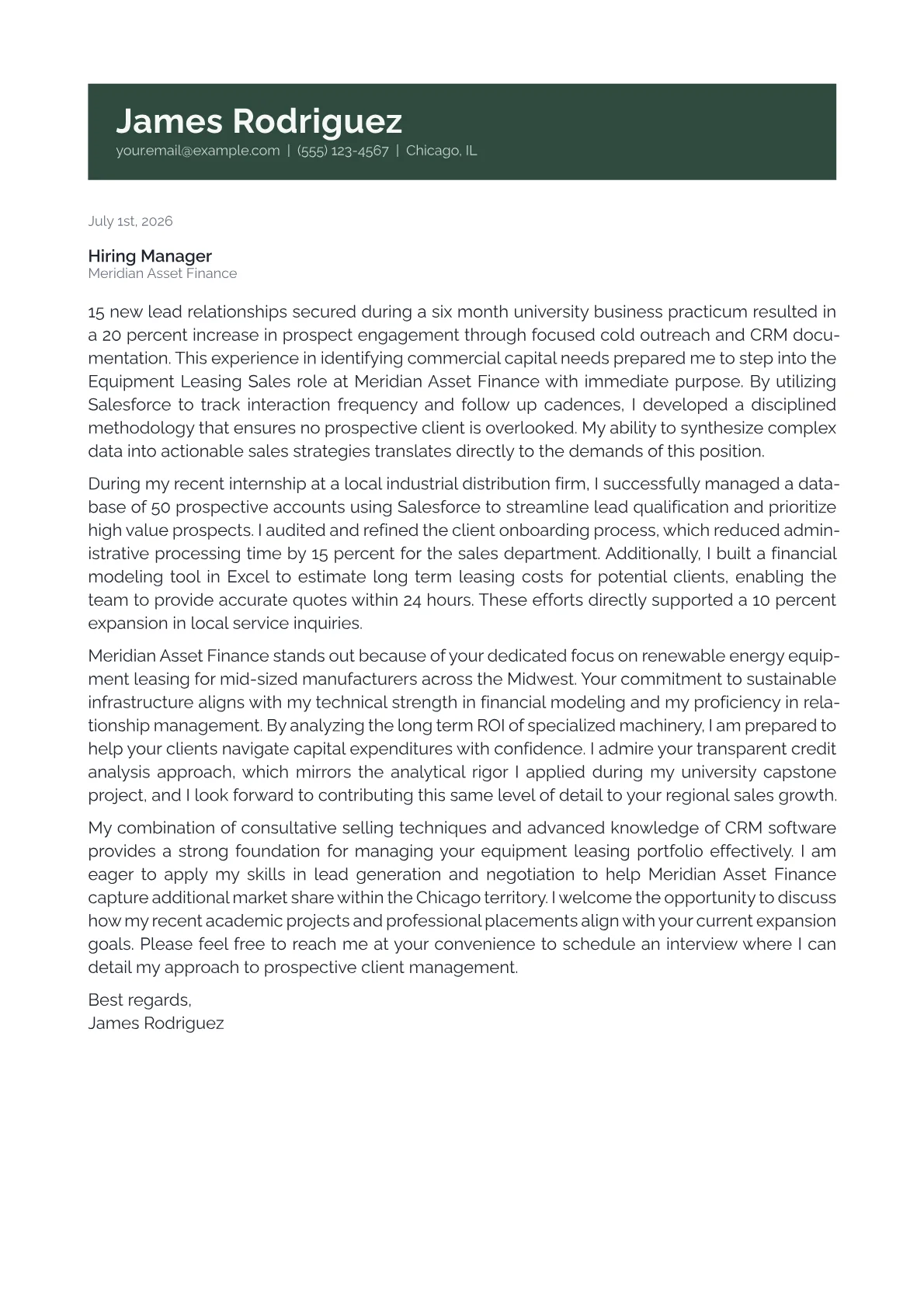 Equipment Leasing Sales cover letter in the Banner design