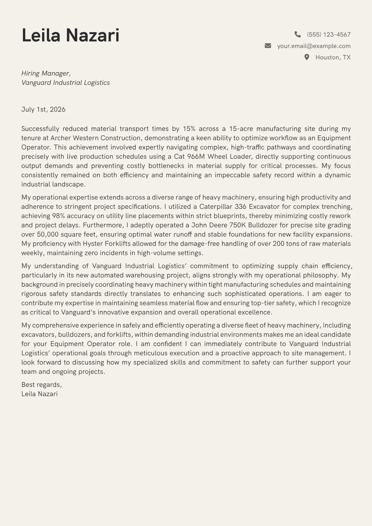 Equipment Operator cover letter formatted with a JobSprout template