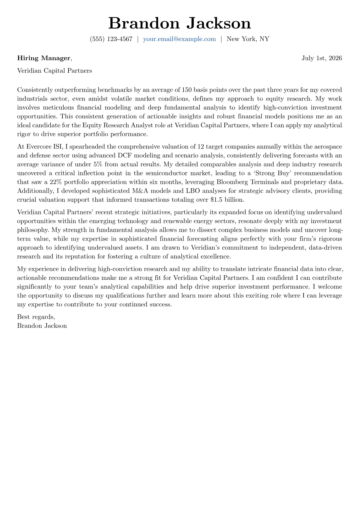 Equity Research Analyst cover letter formatted with a JobSprout template