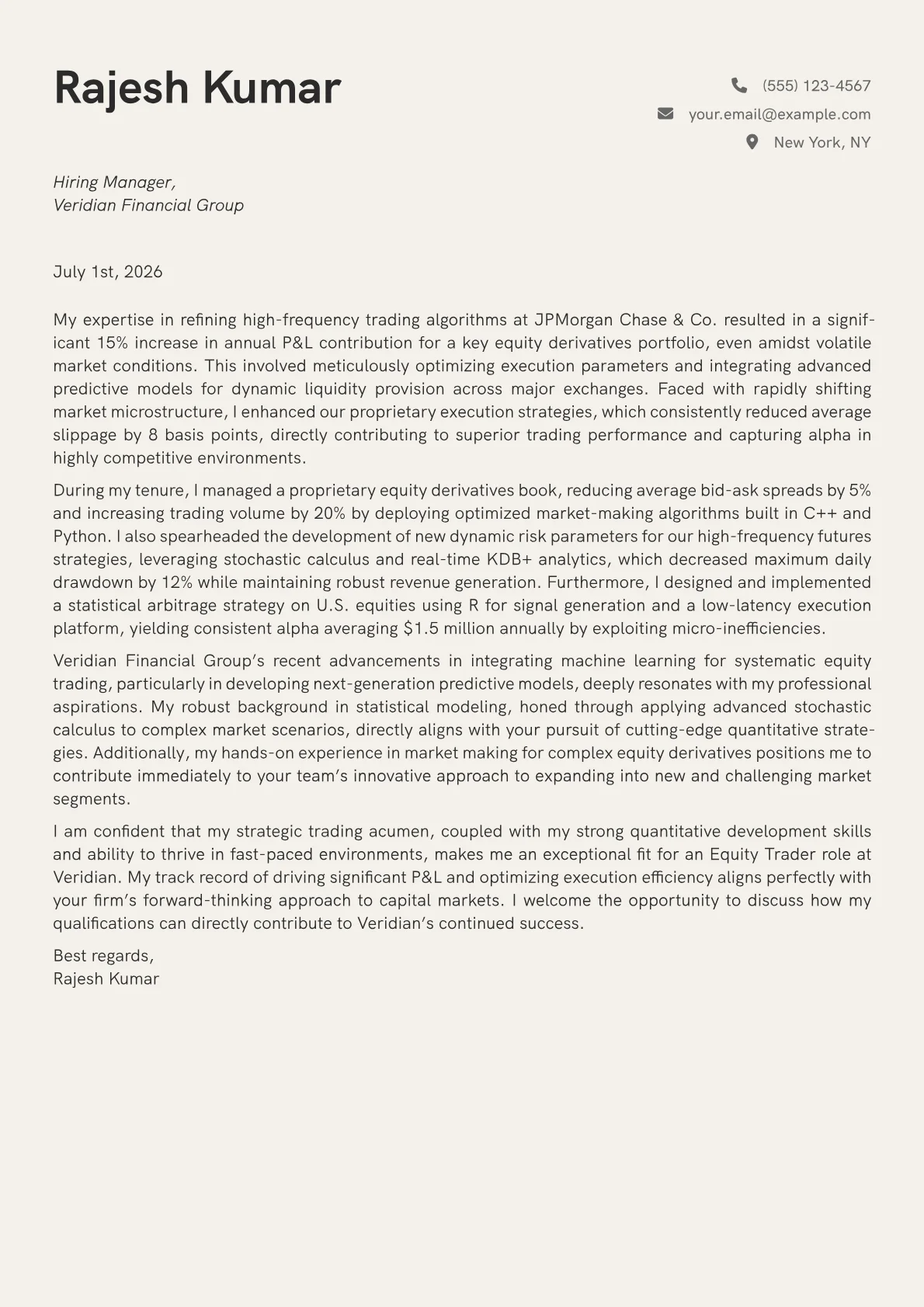 Equity Trader cover letter formatted with a JobSprout template