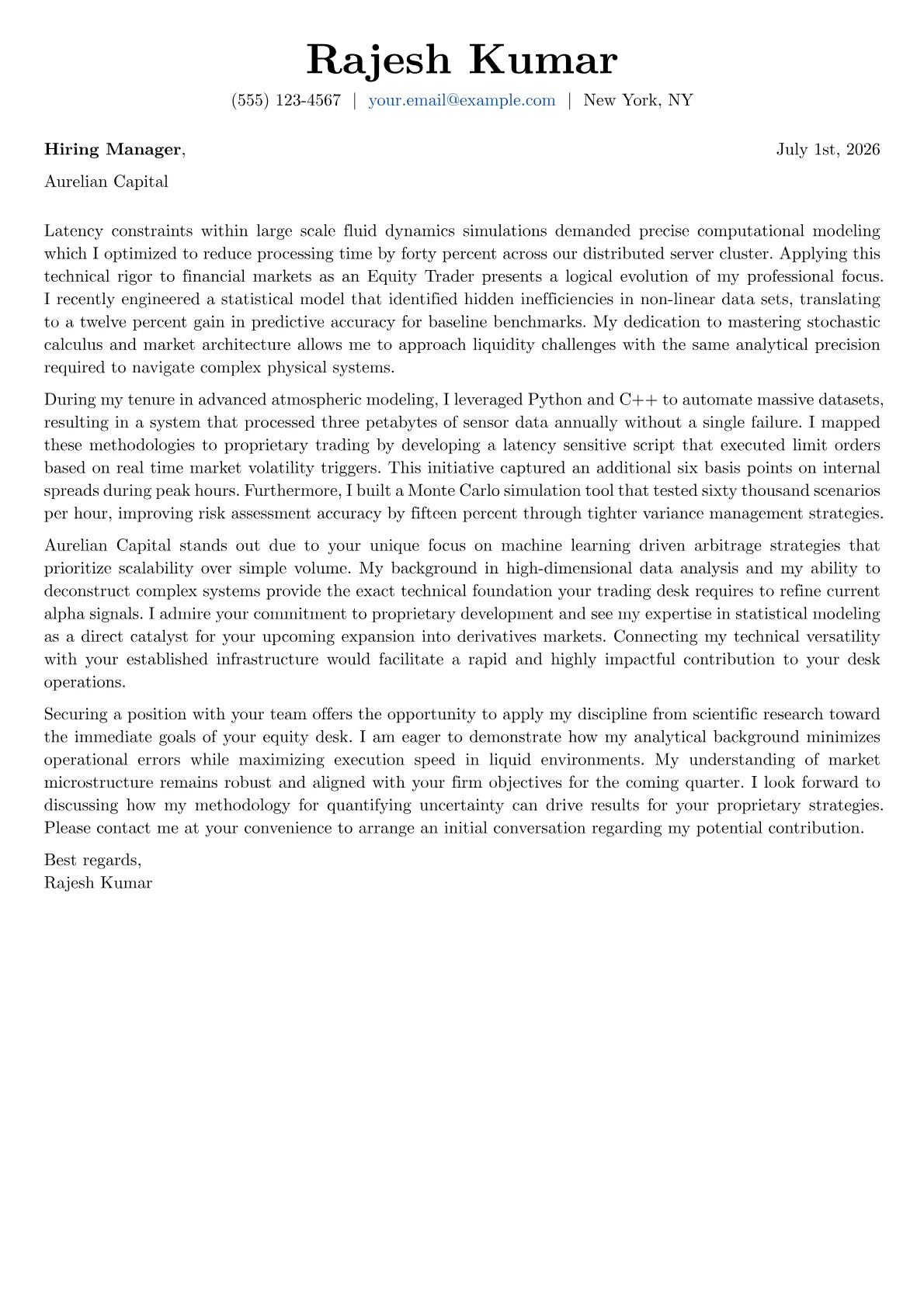Equity Trader cover letter in the Basic design