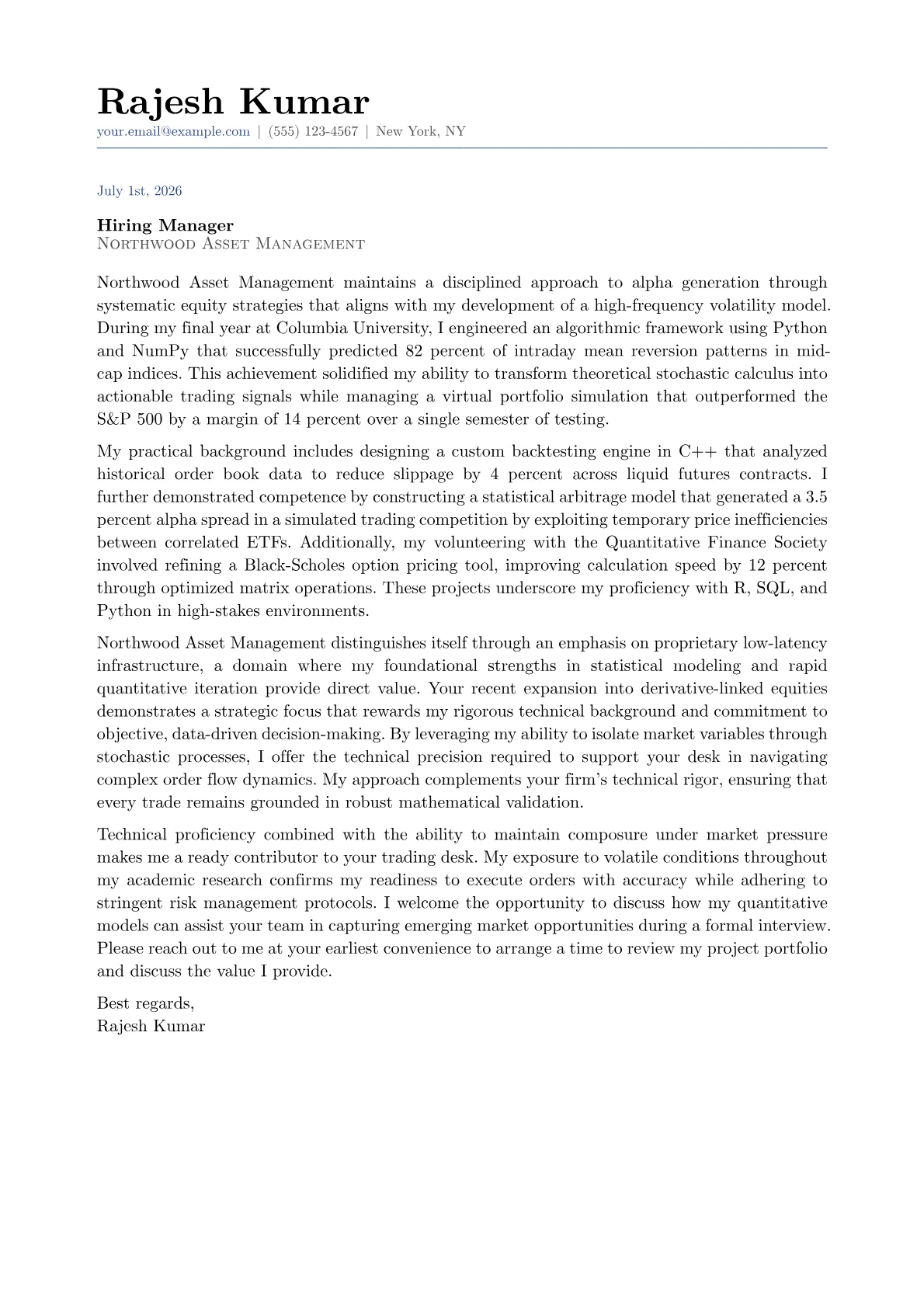 Equity Trader cover letter in the Classic design