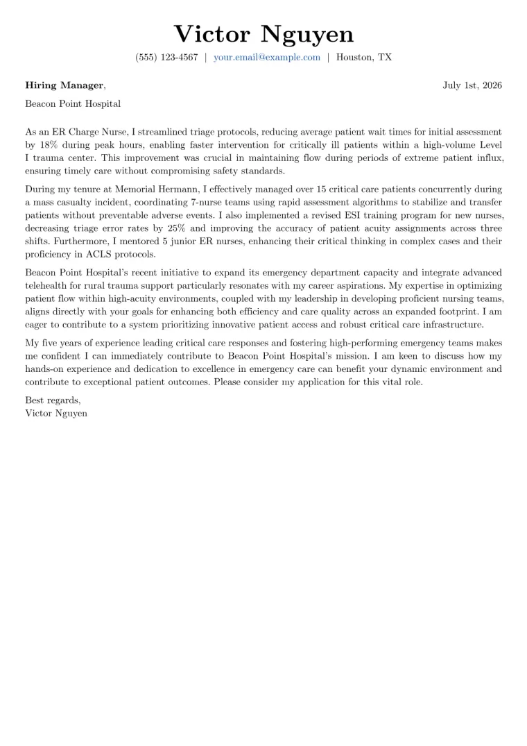 ER Charge Nurse cover letter example preview