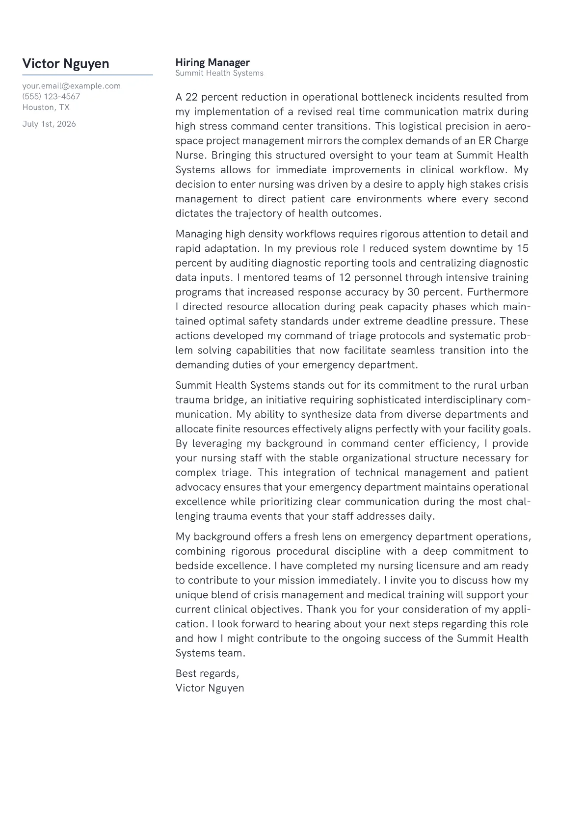 ER Charge Nurse cover letter in the Margin design